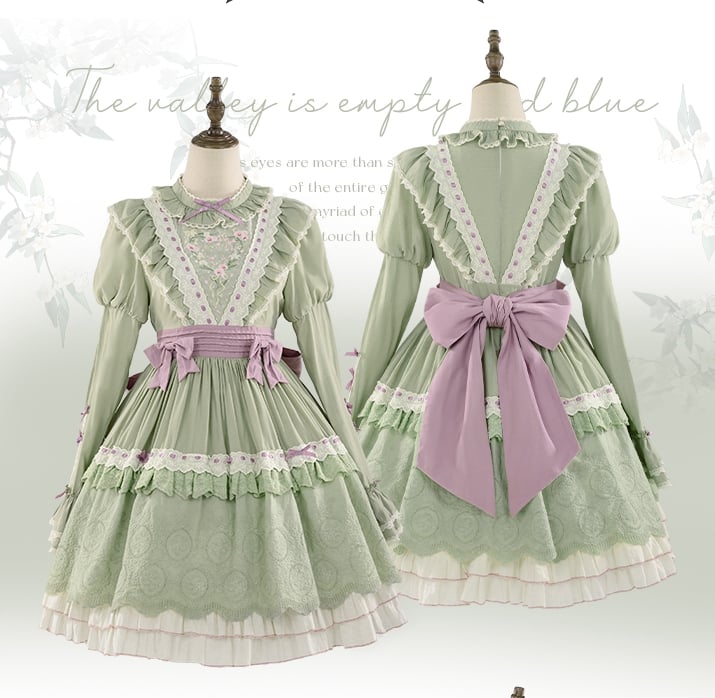 Green Spring Orchid Embroidery One Piece Embroidered Trim Hemline - Sukuroi