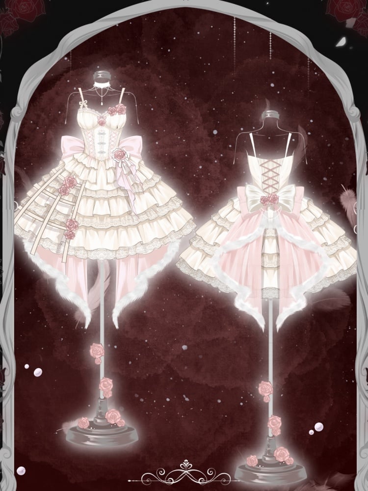 White and Pink Rosette Jumper Skirt Pastel Goth Jacquard Dress/Full Set with Birdcage Skirt