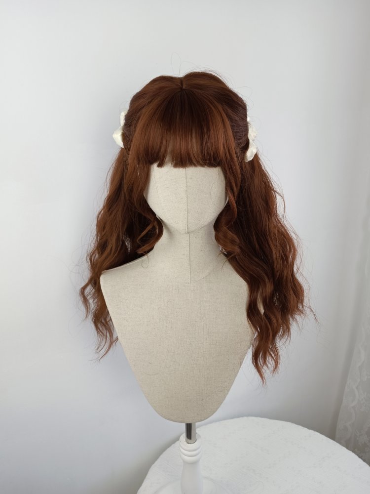 Orange Brown Long Wavy Synthetic Wig With Bangs