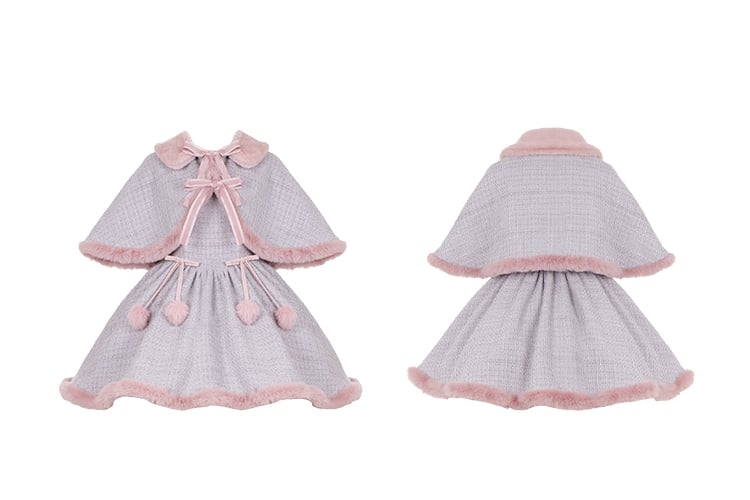 Gray and Pink Plush Hemline Tweed Jumper Skirt + Cape - Sukuroi