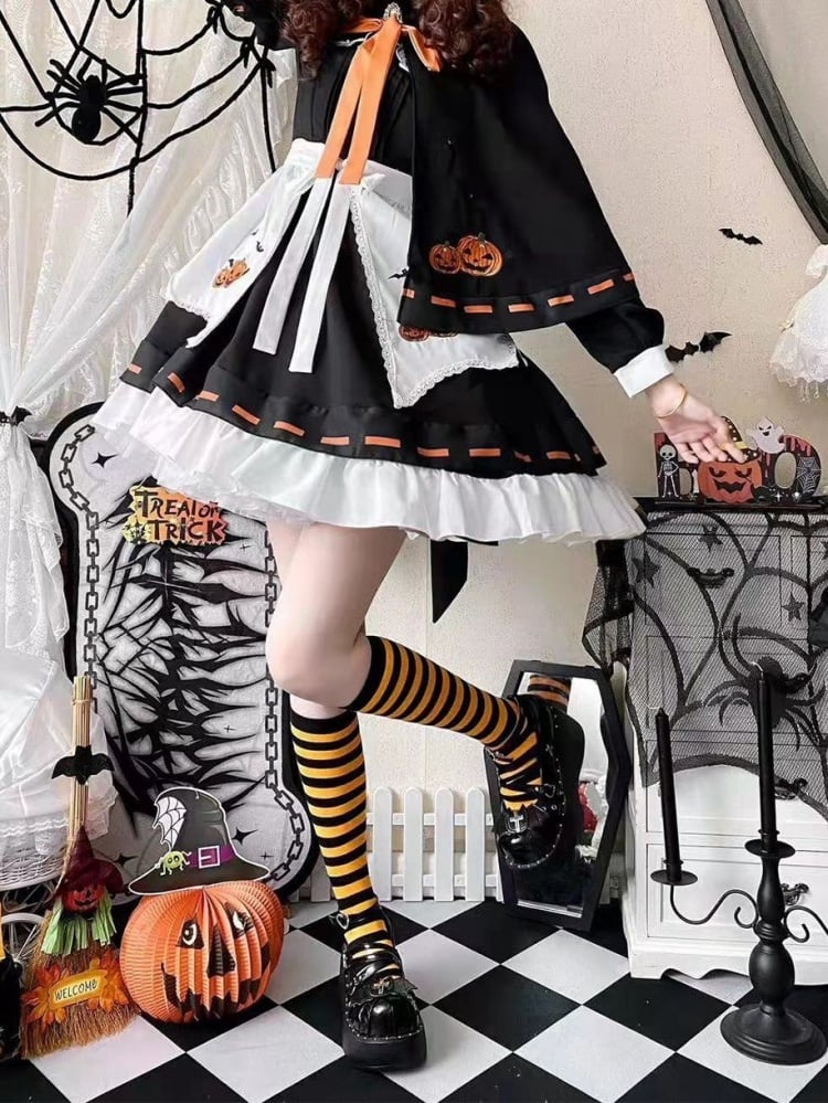 Halloween Sweet Witch Dress Full Set-Black One Piece+Pumpkin Embroidery Cape+White Apron+Bow Train