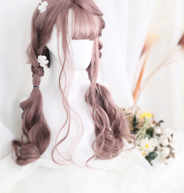 Dolles Gray Pink Air Bangs Long Curly Synthetic Wig