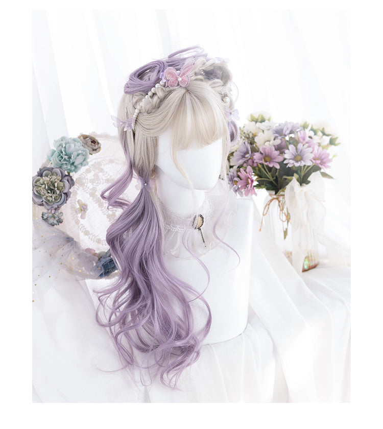 Faded Rose Purple Gradient Big Wave Long Curly Synthetic Wig with Bangs