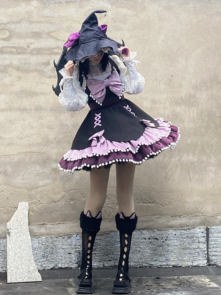 Pompom Trim Tiered Flounce Skirt Bowknot Sweet Winter Lolita Dress