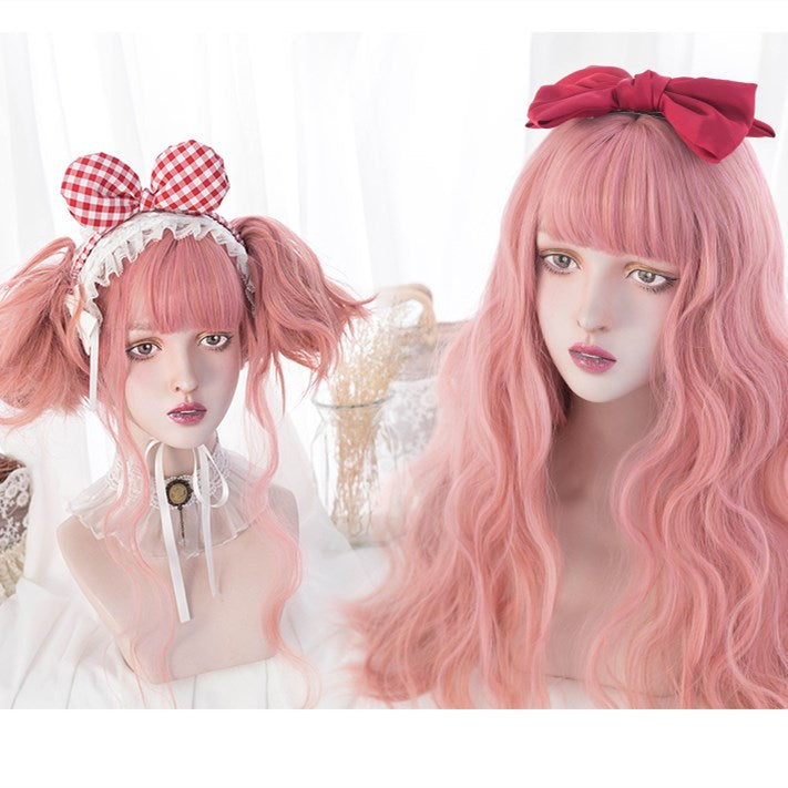 Peach Poam Pink Long Curly Synthetic Wig with Bangs