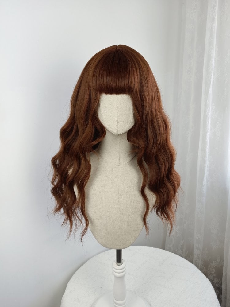 Orange Brown Long Wavy Synthetic Wig With Bangs