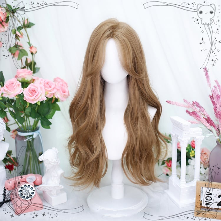 Curtain Bangs Champagne Gold Wavy Long Synthetic Wig