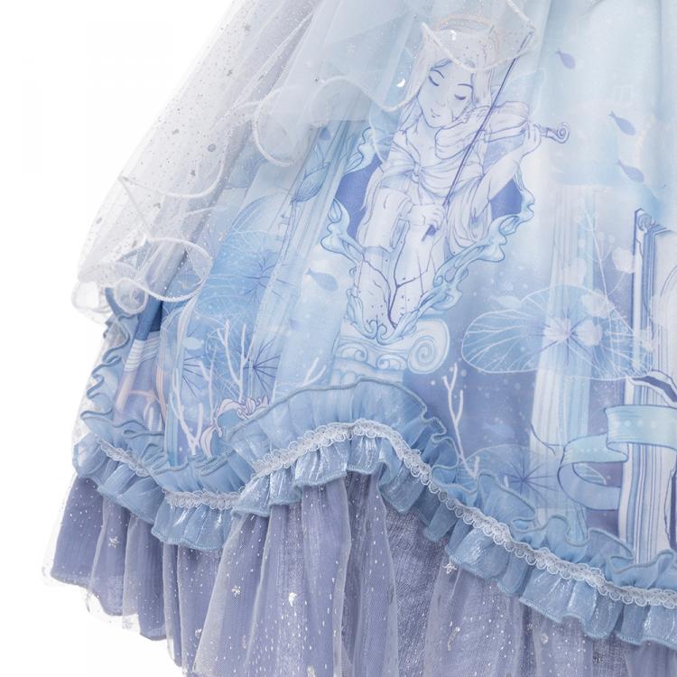 Travel with Whale Light Blue Pearl Studs Tulle Scalloped Ruffle Hemline Jumper Skirt