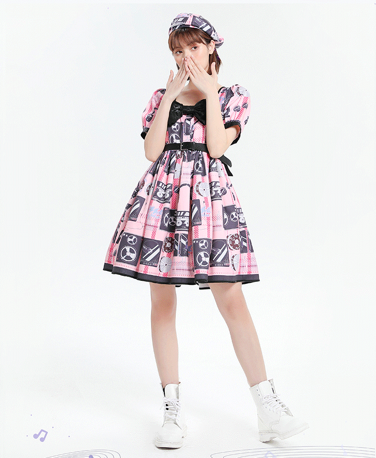 Disco Square Neckline Short Puff Sleeves Print Sweet One Piece