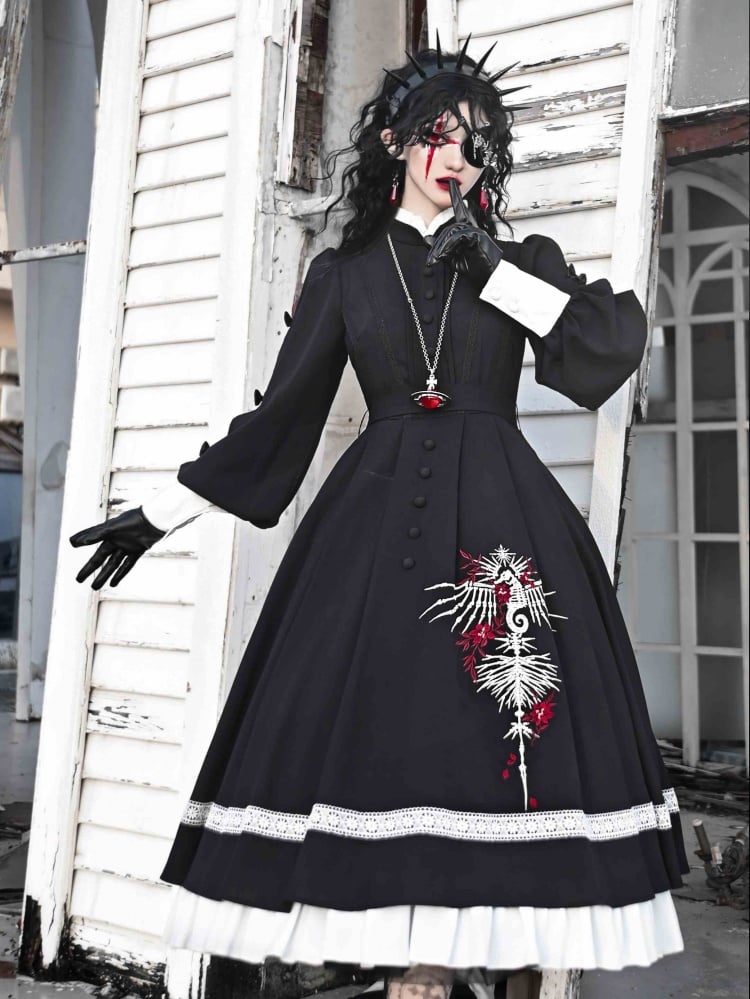 Gothic Skeleton and Floral Embroidery Nun Banded Collar One Piece Black and White