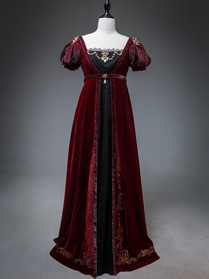 Black and Red Shimmer Velvet Empire Dress Elegant One Piece Gold Embroidery