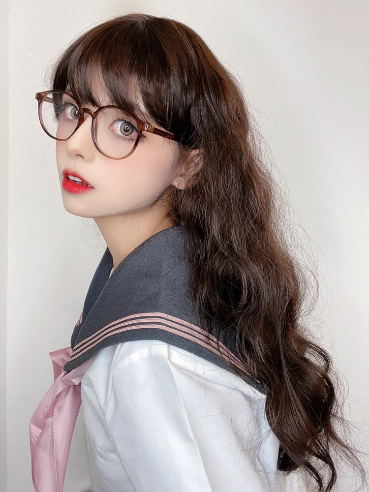 Long Wavy Dark Chocolate Brown Wig with Bangs