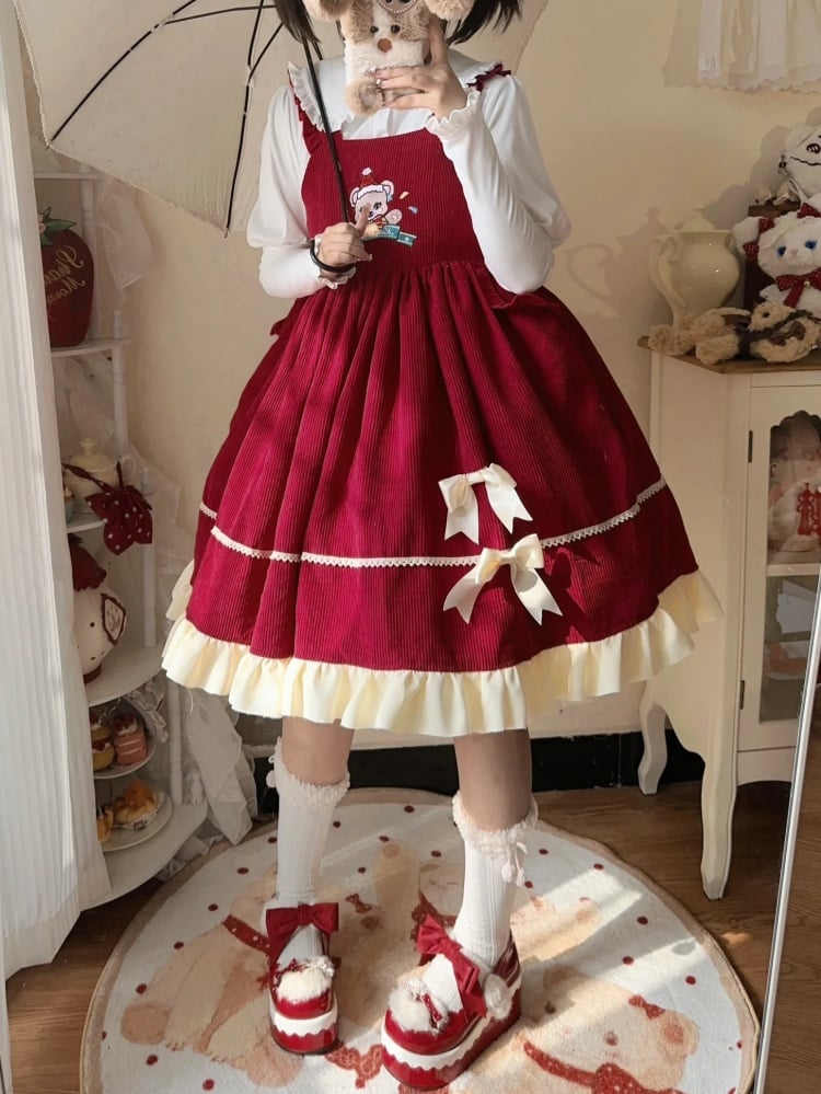 Red Christmas Bear Embroidery Bodice High Waist Jumper Skirt