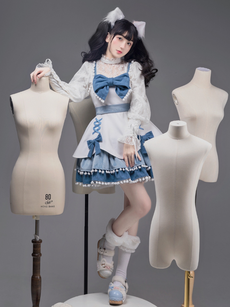Pompom Trim Tiered Flounce Skirt Bowknot Sweet Winter Lolita Dress