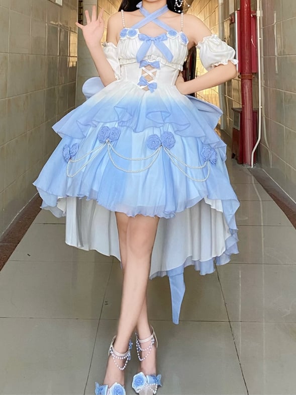 Clearance-Size L for Bust 90-98CM Fairy Blue Princess Dress Prom Rose Details Ombre Jumper Skirt - Sukuroi