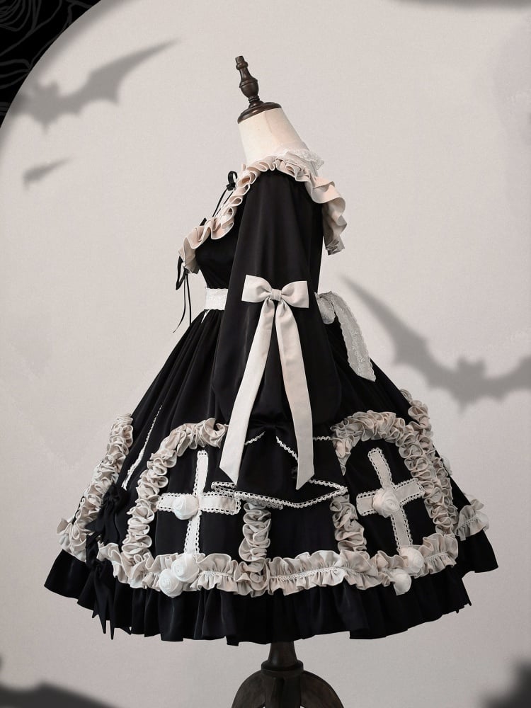 Black and White Gothic Empire Waist One Piece Cross Pattern and Roses Hem