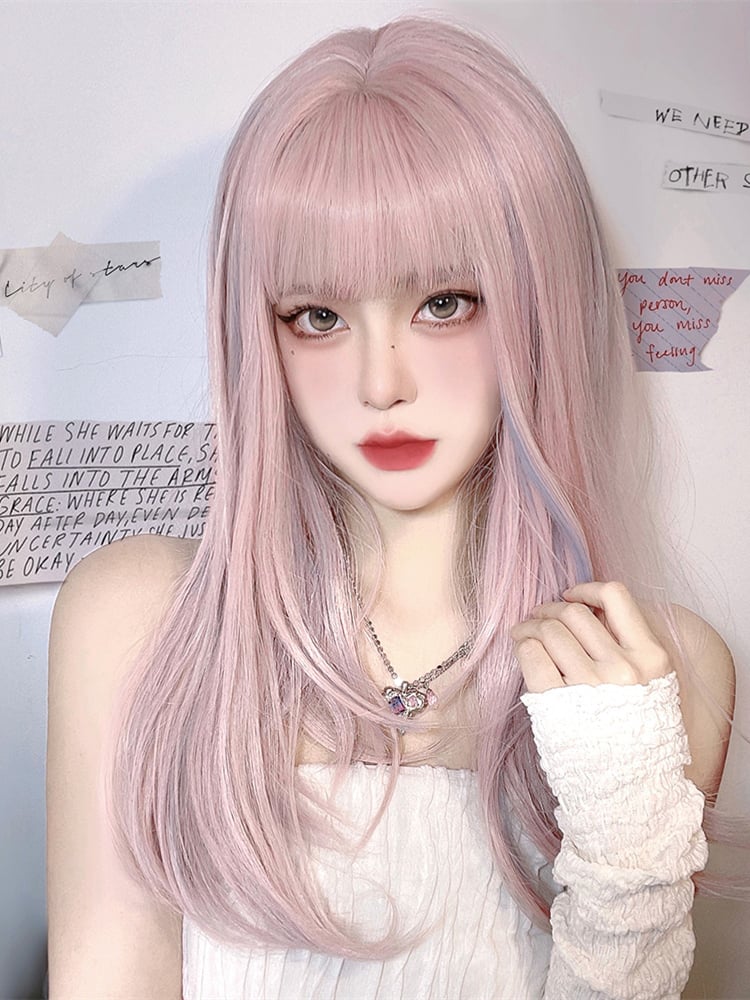 Sakura Pink Highlight Light Blue Straight Synthetic Wig