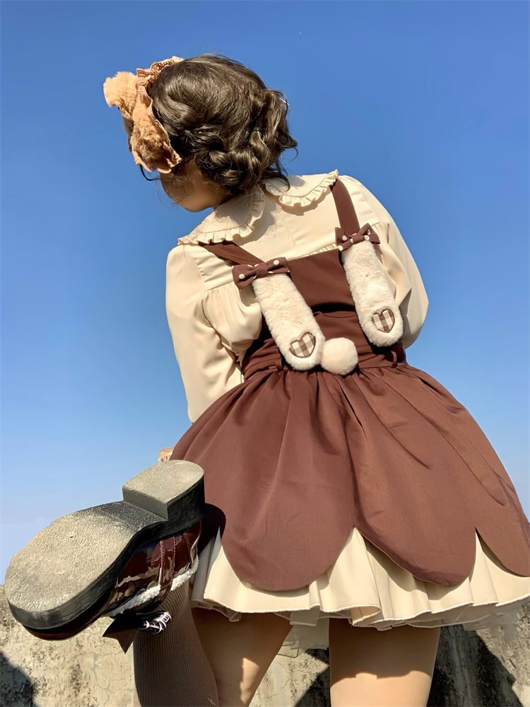 Bunny Ears Brown Scalloped Edge Trim Overalls Bowknot Details - Sukuroi