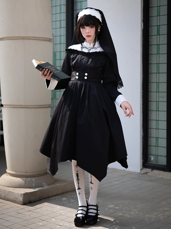 Embroidery Banded Collar Black and White Nun One Piece