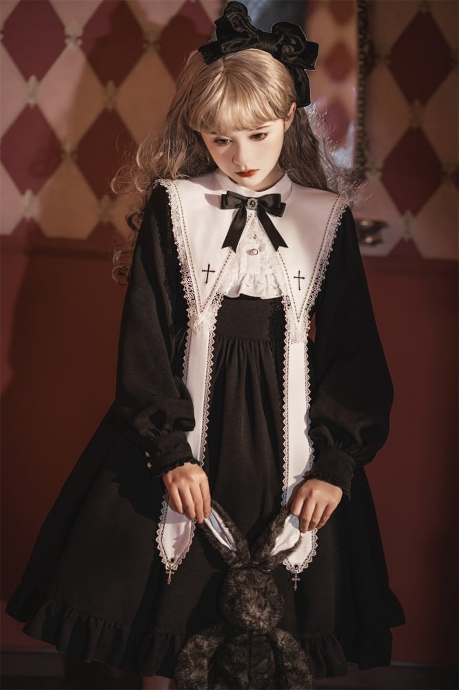 Black and White Cross Embroidery Pointed Collar with Straps One Piece