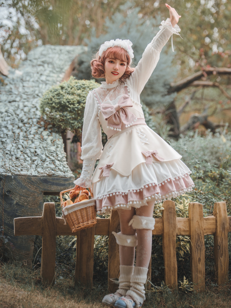 Pompom Trim Tiered Flounce Skirt Bowknot Sweet Winter Lolita Dress