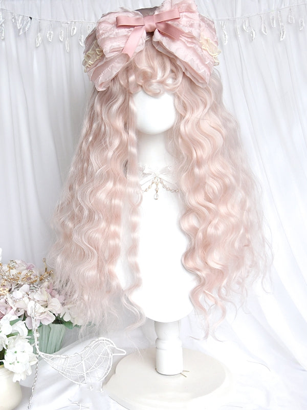 Light Pink Curly Long Synthetic Wig with Curly Bangs