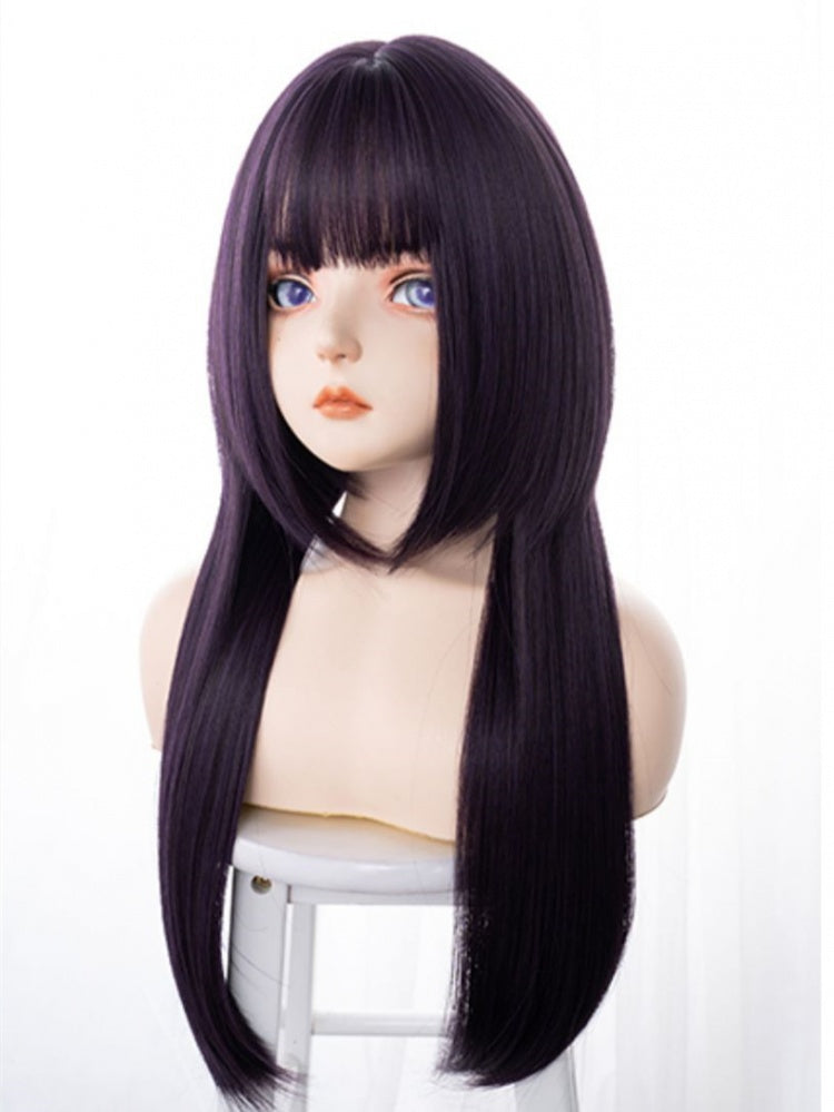 Purple Long Straight Synthetic Wig with Full Bangs