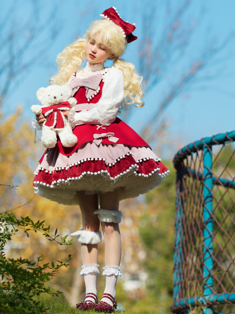 Pompom Trim Tiered Flounce Skirt Bowknot Sweet Winter Lolita Dress