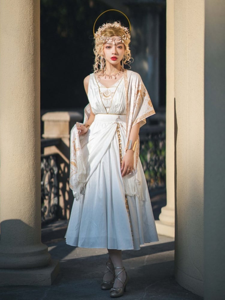 Greek Myth Inspired Elegant Dress Midi Length White Jumper Skirt