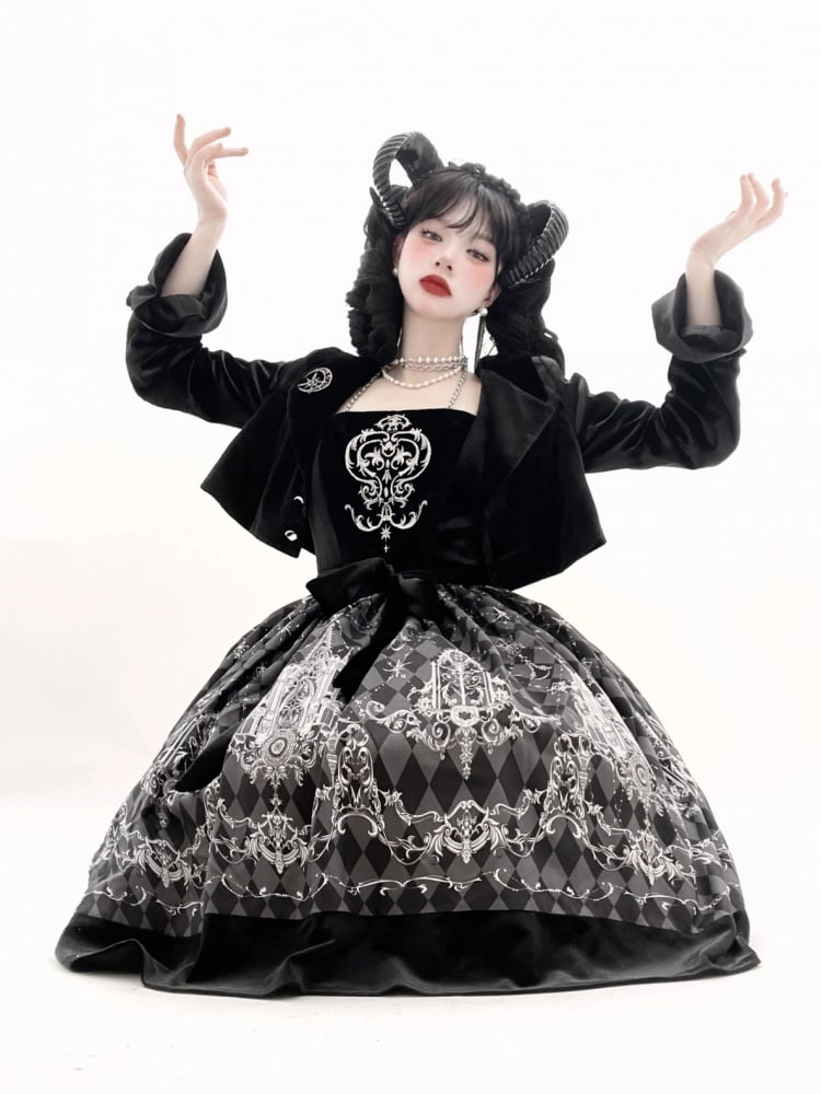 Black Velvet Bodice Check Pattern Gothic Jumper Skirt