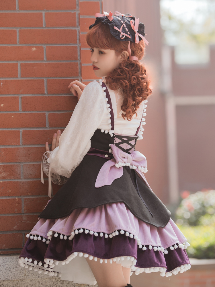 Pompom Trim Tiered Flounce Skirt Bowknot Sweet Winter Lolita Dress