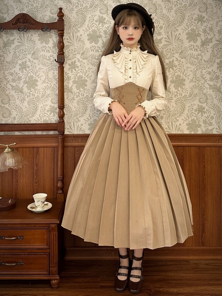 Dark Academia Brown Autumn Dress Pleated Skirt Corset Waist Beige Long Sleeves Bodice