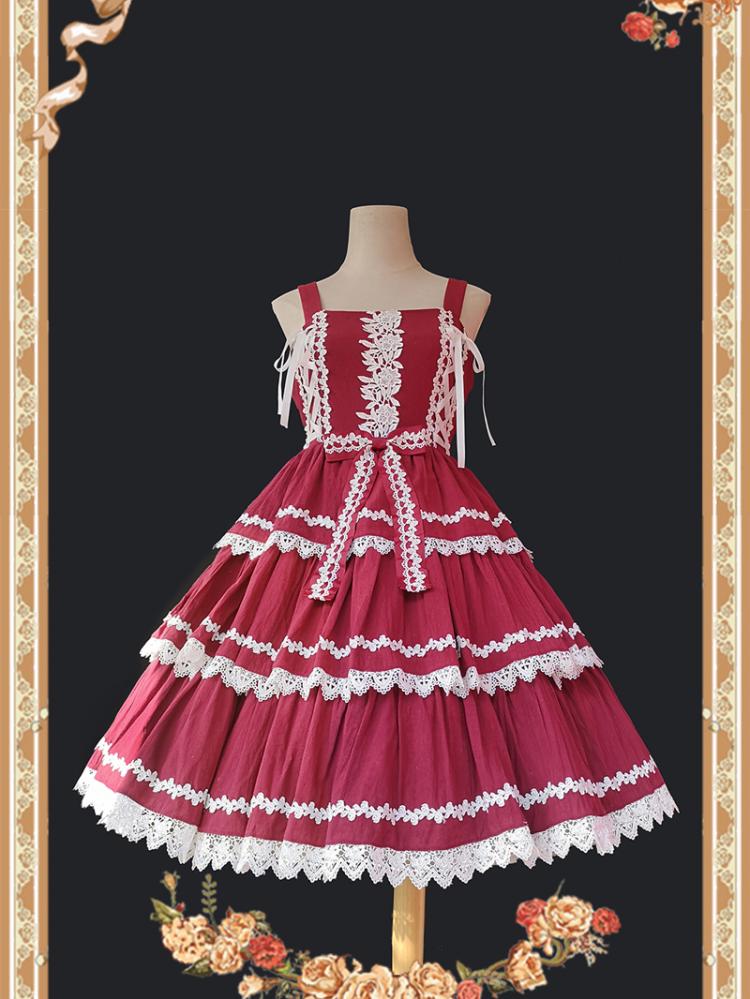 Red Cake Tree Tiered Flounce Skirt featuring white lace trim and bow accents on a mannequin