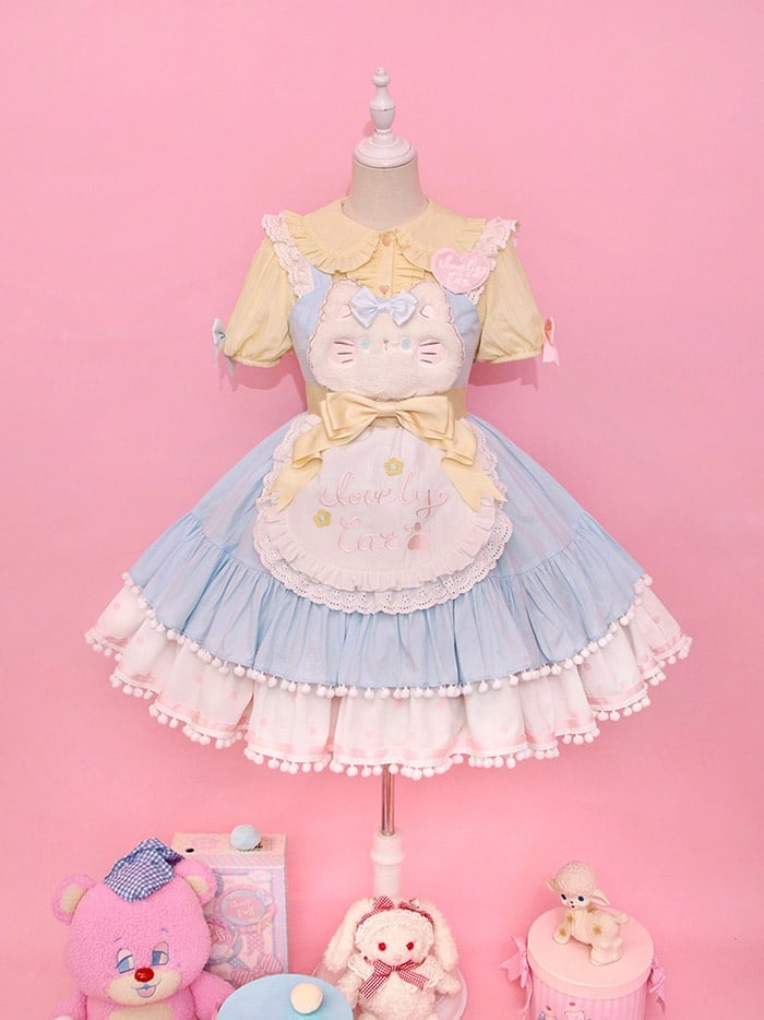 Pastel Aesthetic Sweet Candy Kitty Empire Waist Tiered Flounce Skirt Jumper Skirt
