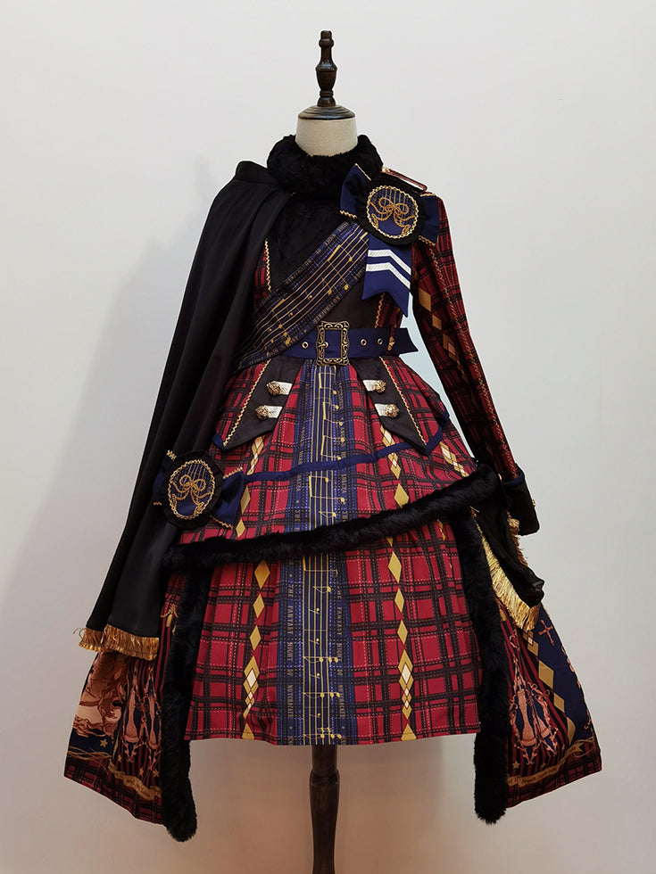 Red Nutcracker Fantasy Night Print Plaid Pattern Handkerchief Hem Long Sleeves One Piece
