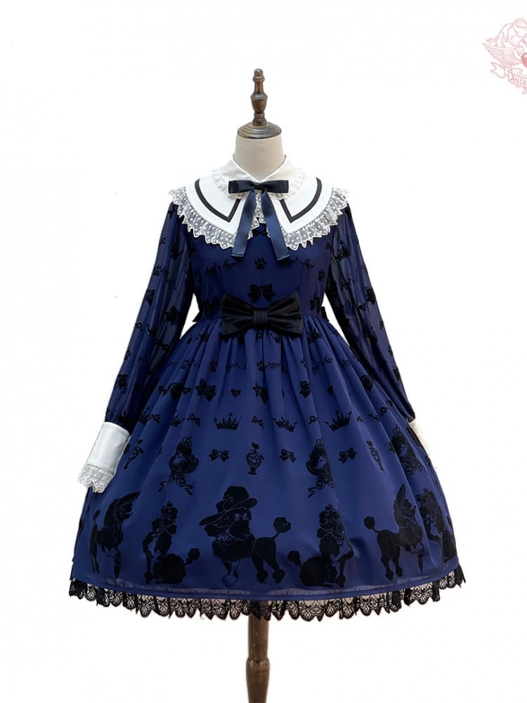 Dark Blue Cute Poodle Print Bowknot Detail Lace Trim Long Sleeves One Piece