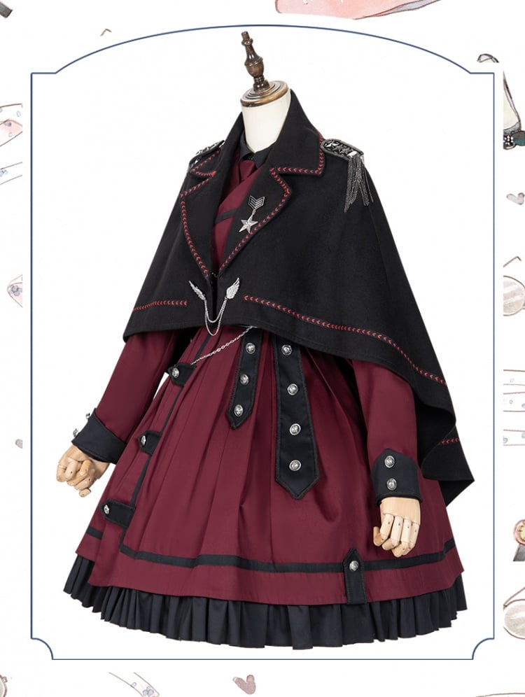 Military Style Outfits-Wine Red One Piece / Black Shirt / Black Cape