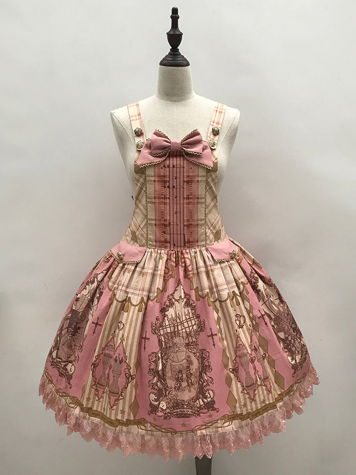 Pink Nutcracker Fantasy Night Print Big Bow Ruffle Trim Overall Dress