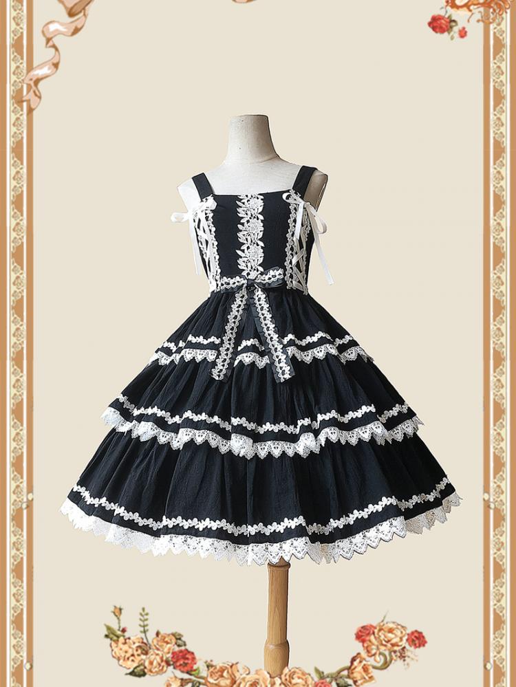 Black and White Cake Tree Tiered Flounce Skirt with Lace Trim