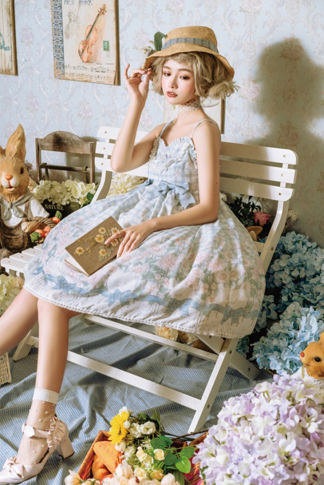 Margaret Floral Print Bowknot Details Gingham Pattern V-neck Jumper Skirt