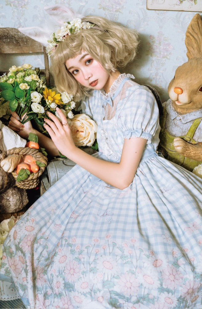 Margaret Floral Print Gingham Pattern Bowknot Details Short Sleeves One Piece