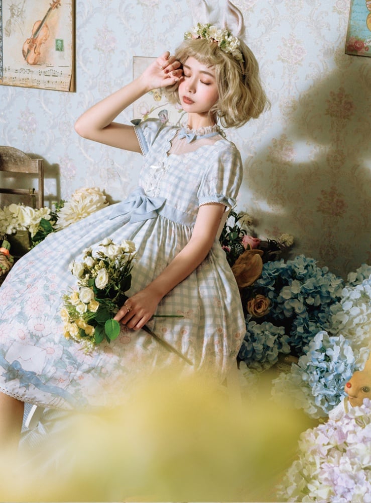 Margaret Floral Print Gingham Pattern Bowknot Details Short Sleeves One Piece