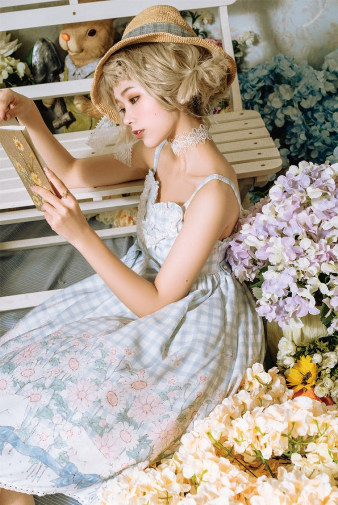 Margaret Floral Print Bowknot Details Gingham Pattern V-neck Jumper Skirt
