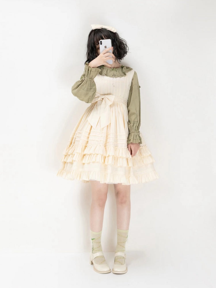 Girl Nelly Beige Tiered Ruffle Hem Round Neck High Waist Jumper Skirt