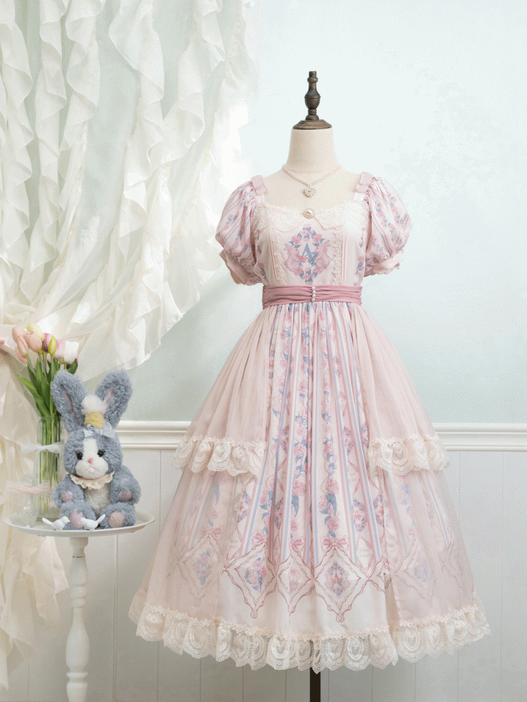 Bunny and Floral Print Pink One Piece Tea Length Classic Dress