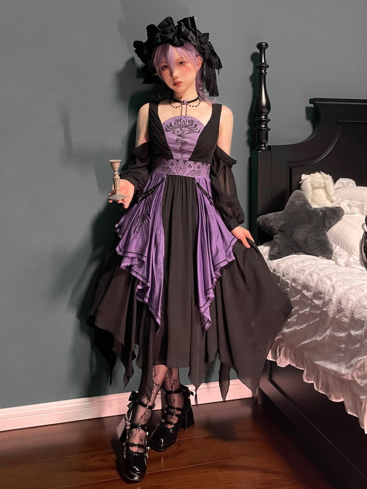 Floral Print Halloween Jumper Skirt Gothic Dress Handkerchief Hem Purple and Black