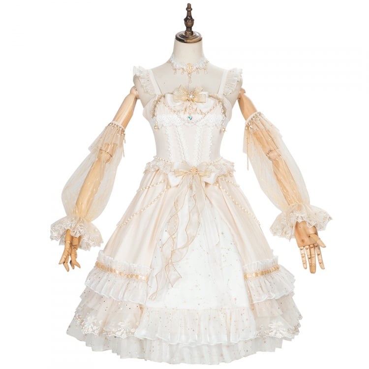 Gorgeous Starry Night Tea Party Ivory Jumper Skirt Full Set Shiro Lolita Wedding Dress