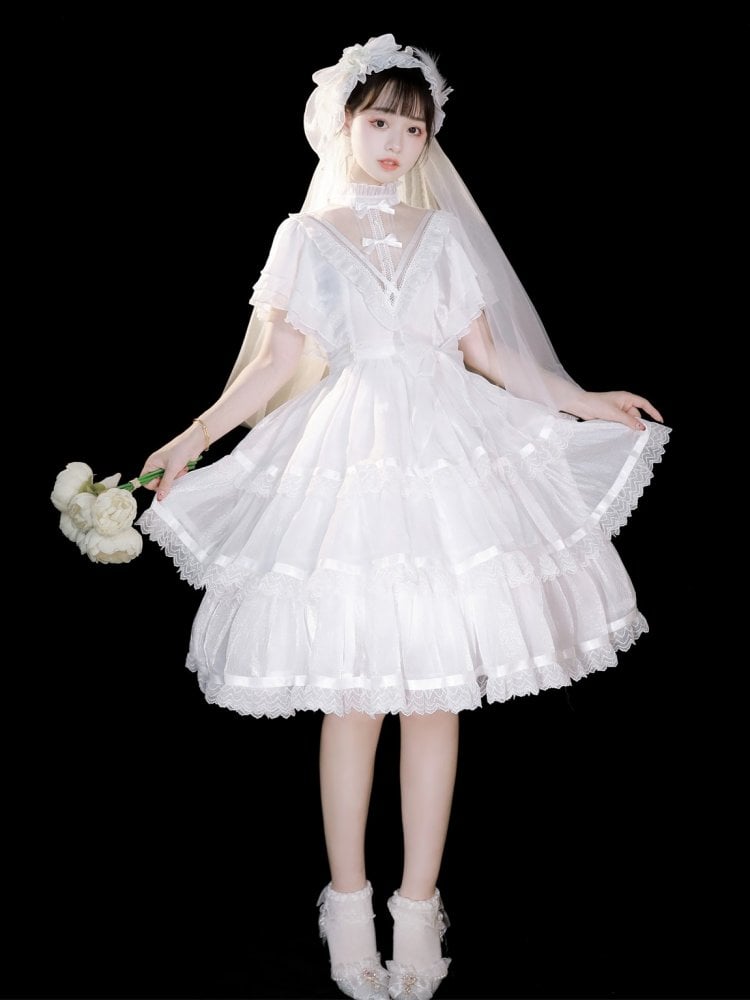 Dawn Night Banquet White Illusion Neckline Flounce Sleeves Tiered Skirt and Ruffle Trim Short Sleeves Lolita OP