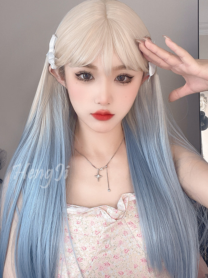 Apricot to Light Blue Ombre Long Straight Synthetic Wig