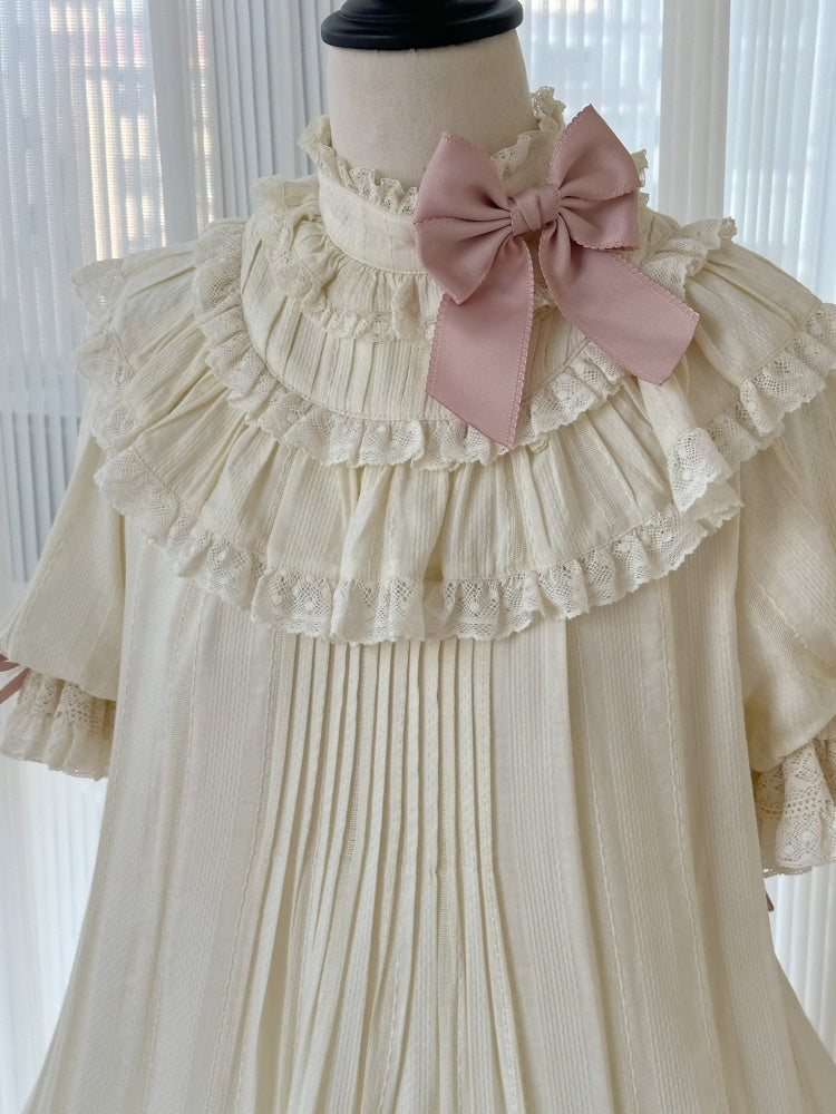 Creamy White Ruffle Trim and Pleating Details Short Sleeves One Piece